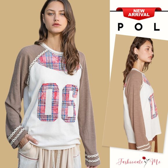 POL Vintage Round Neck Raglan Sleeves Plaid Print Number Patch T-Shirt | Mocha - Picture 1 of 5